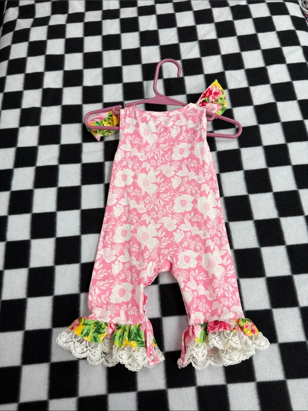Pink Floral Bunny Romper with Green Floral Accent
